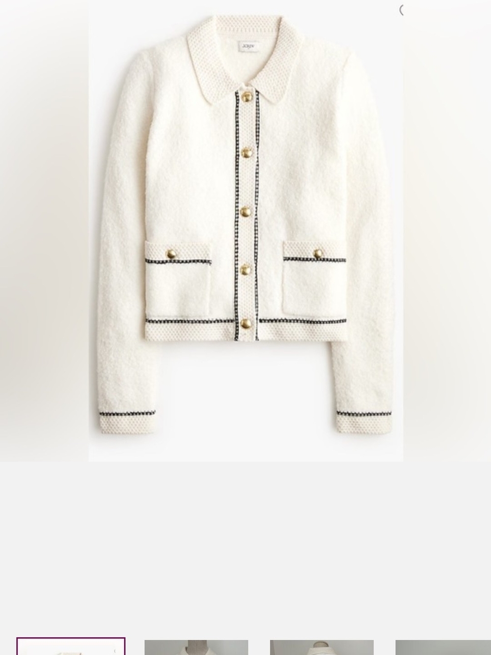 J. Crew Cream Bouclé Jacket with Black Trim and Gold Buttons
